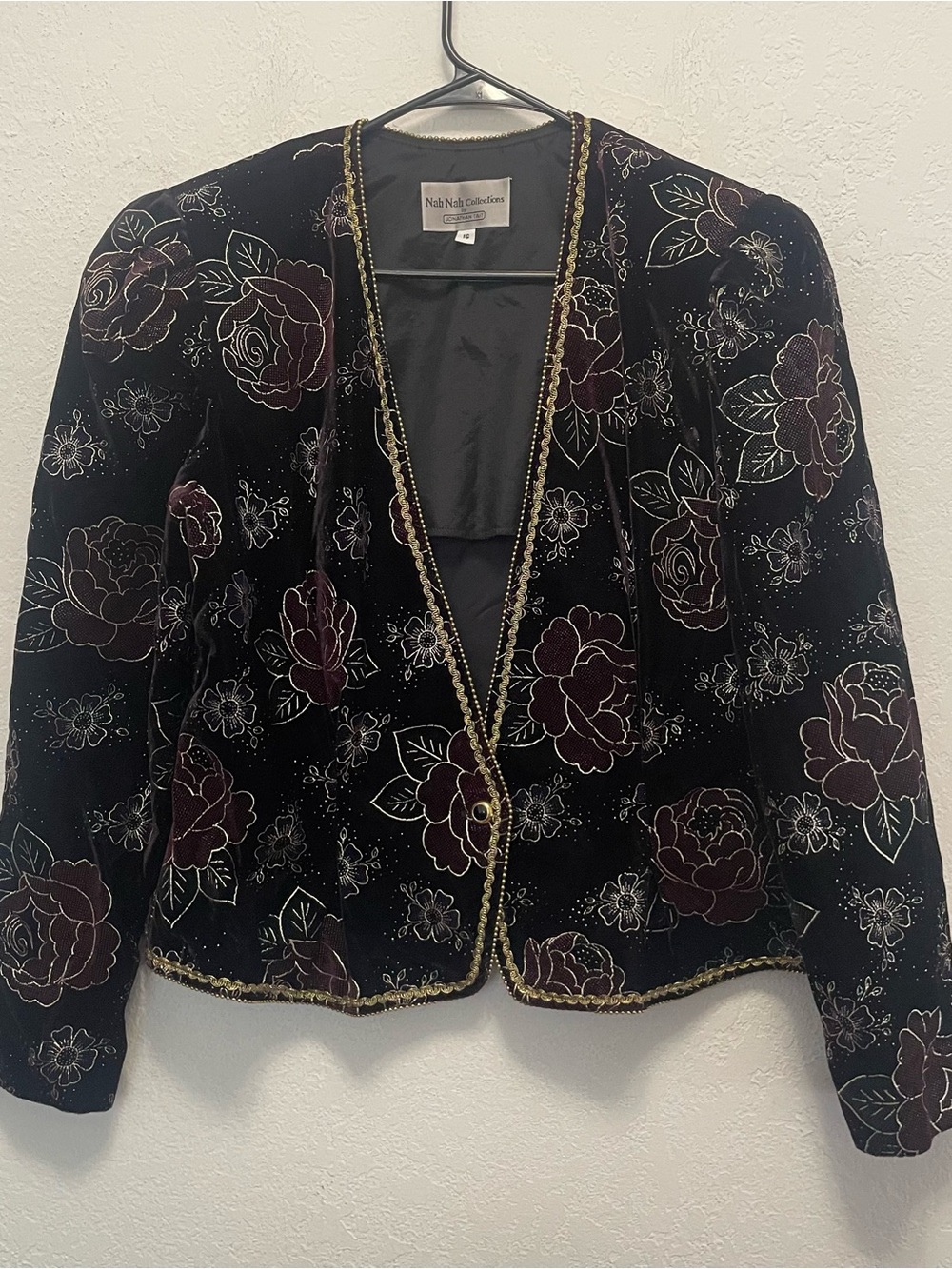 Vintage Nah Nah Collection Jacket Size 16 Golden Red Velvet Floral Blazer Beaded